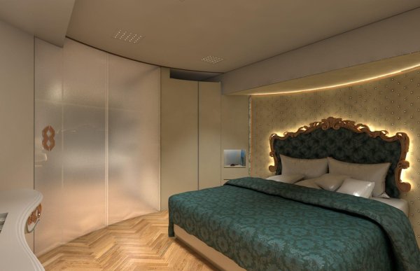 Извитите стени, високите тавани и плюшеният декор на RV се съчетават с прозорци в стил яхта и деликатни хромирани елементи за висококачествено покритие.

Големият основен апартамент разполага с голямо легло, което е направено от същата компания, която доставя матраци за домовете на британското кралско семейство. Съседната баня разполага с душ и 1,5 квадрата джакузи за по време на път.